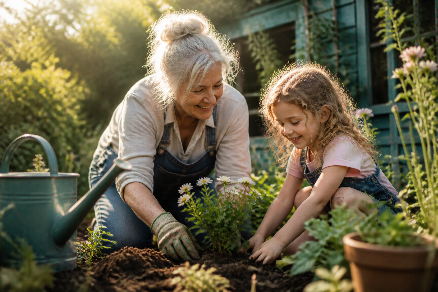 A woman gardening with her grandchild, staying active and independent